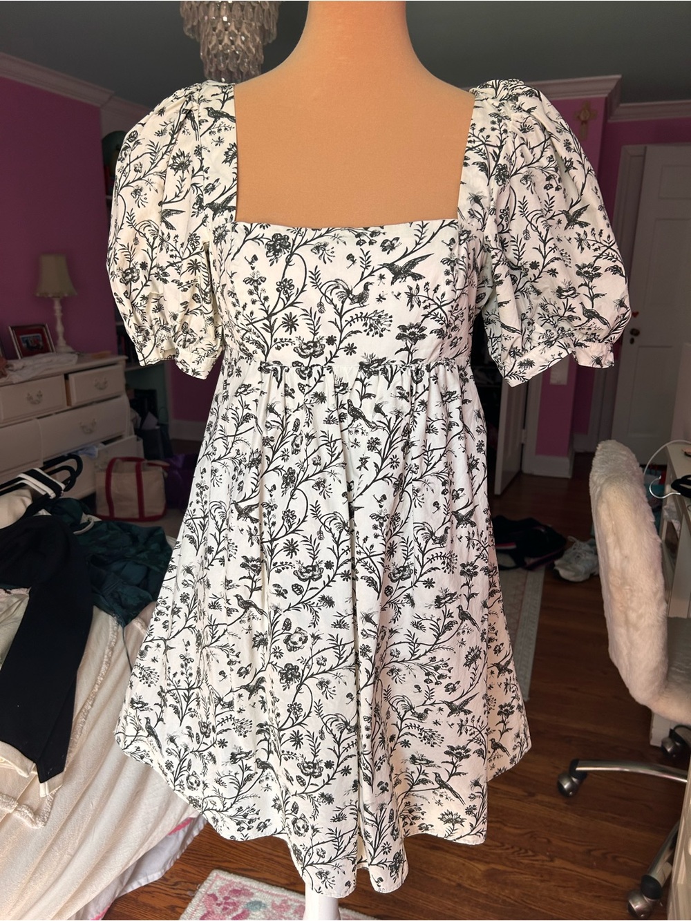 Urban Outfitters White Mini Dress with Black Botanical Print
